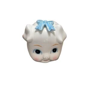 Vintage Lefton Ceramic Piggy Bank Baby Blue Bow Flowers